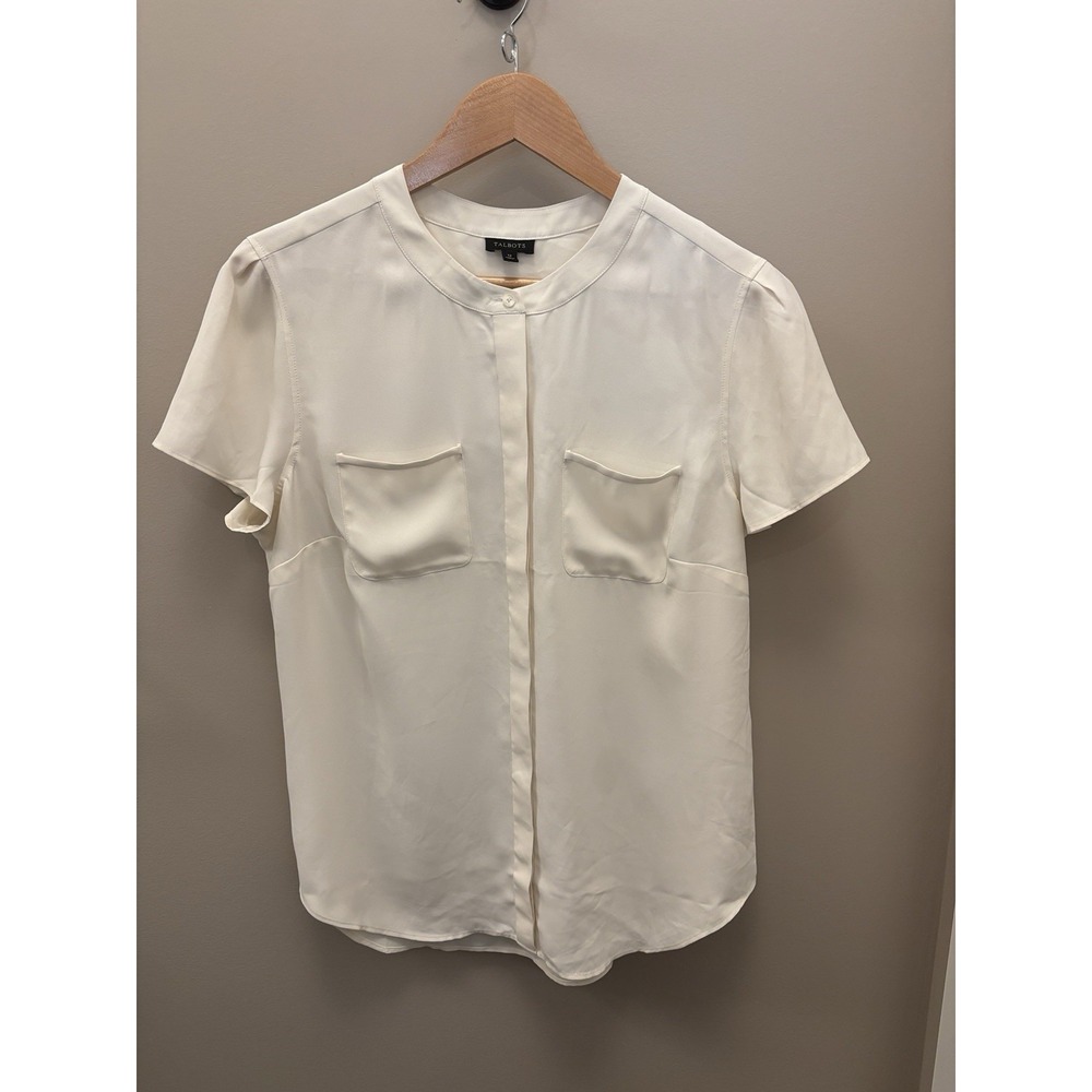Talbots Wom Ivory 12 Short Sleeve Blouse pleated sleeves button-down Round neck